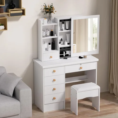 Miniatura 9 de Escritorio de tocador con espejo, tocador de maquillaje con silla, tocador, escritorio blanco con 6 cajones y estantes de almacenamiento, Tocadores