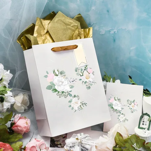 Miniatura 6 de LeZakaa Bolsa de regalo de cruz de 13 pulgadas con diseño de flores, bolsa de regalo cristiana plateada con papel de seda, etiqueta de regalo y Cruz