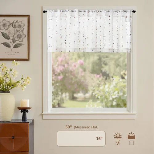 Miniatura 2 de jinchan Cortinas de cenefa para ventanas de 16 pulgadas, coloridos mini pompones, cenefa de cocina de granja, cenefa de gasa semitransparente