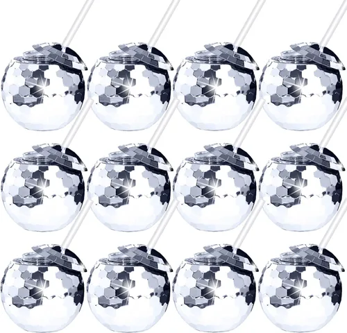 Miniatura 7 de 6 tazas de bola de discoteca esféricas plateadas, bola de disco flash, taza de cóctel, taza de cóctel con purpurina brillante con tapa y pajita
