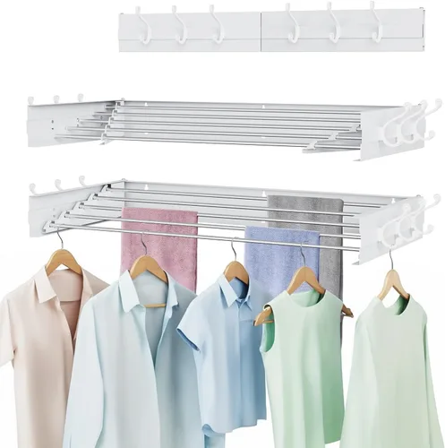 Estante de secado de ropa, plegable, para montar en la pared, plegable, ahorro de espacio, 13.2 pies lineales, 5 varillas de aluminio, capacidad de