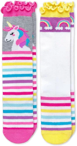 Miniatura 2 de Jefferies Socks Calcetines altos hasta la rodilla con volantes y rayas de unicornio unicornio para niña, paquete de 2