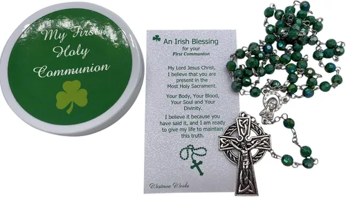 Miniatura 5 de Westmon Works Juego de rosario irlandés de la primera comunión, juego de oración de San Patricio con cuentas verdes de Irlanda, crucifijo celta