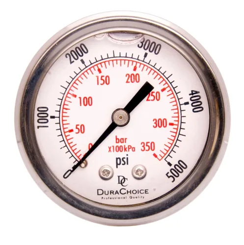 Miniatura 9 de Medidores de presión rellenos de líquido de 2 pulgadas - caja de acero inoxidable, latón, 1/4 "NPT, conexión de montaje trasero central, 0-4,000PSI