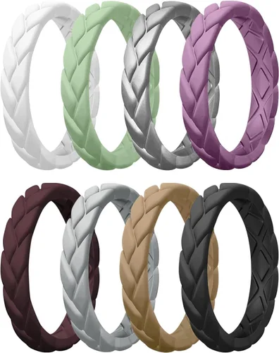 Miniatura 7 de Egnaro Anillos de boda de silicona para ella, conjuntos de novia de goma para mujer, bandas finas, diseño trenzado de hojas apilables con ranuras