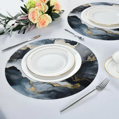 Miniatura 4 de Abstract Black Gold Marble Print Round Place Mats Set of 1, Heat Resistant Washable Placemats Polyester Round Table Mats for Kitchen Home Decor