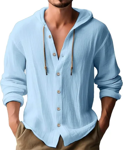 Miniatura 17 de Camisas de manga larga con botones para hombre, camisa con capucha a rayas verticales, casual, para vacaciones, verano, ligera, con cordón Z21