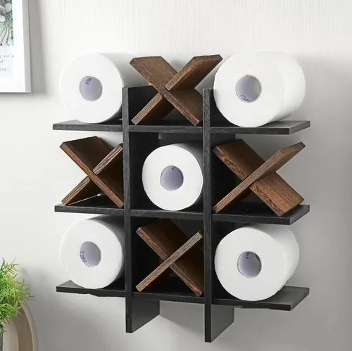 Miniatura 23 de Weysat Soporte de Papel Higiénico Tic Tac Toe Decoración de Pared de Baño Almacenamiento Colgante de Madera Rústica Estantes Independientes Montados