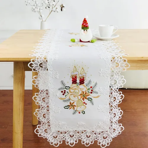 Camino de mesa de Navidad 100% poliéster, bordado de encaje de Navidad, decoraciones de mesa de Navidad de 16 x 52 pulgadas, velas de pascua de