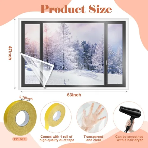 Miniatura 2 de Kit de aislamiento de ventana de 6 piezas de 47 x 63 pulgadas, película retráctil transparente cortable con cinta adhesiva de doble cara