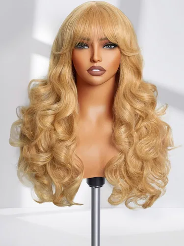 Miniatura 17 de GORGIUS Pelucas negras con flequillo, peluca ondulada larga de color negro natural sin pegamento para mujer, hecha con tecnología de archivo: fibra