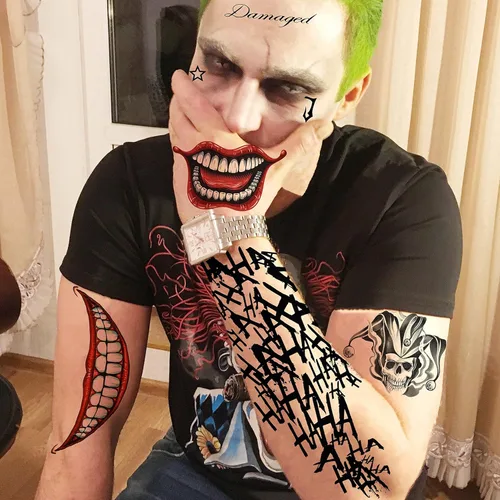 Miniatura 3 de VANTATY 6 hojas de tatuajes 3D Joker para hombres, adultos y mujeres, tatuajes temporales de Halloween para mujeres, niñas, niños, calcomanías de B