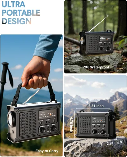 Miniatura 9 de OnLyee Radio de emergencia, radio meteorológica solar NOAA de manivela de 12000 mAh, radio AM/FM/WB con linterna LED de 5 W, luz de lectura, alarma