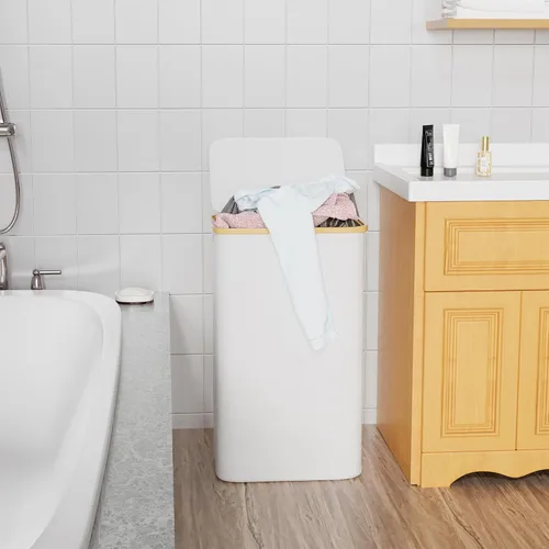 Miniatura 4 de SUOCO Cesta de lavandería con tapa, cesta de ropa de 29 galones (110 litros) con asas de bambú, cesta grande plegable para la ropa sucia para Blanco