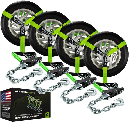 VULCAN Amarre para automóvil con anclajes de cadena, estilo lazo, 2 pulgadas x 96 pulgadas, paquete de 4 unidades, alta visibilidad, carga de