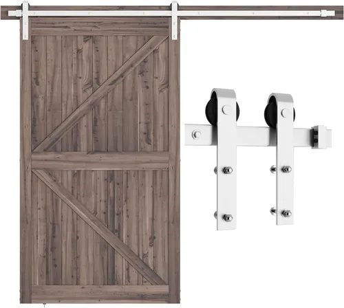 Miniatura 8 de SMARTSTANDARD Kit de herrajes para puerta de granero de níquel cepillado de 7 pies, pista deslizante resistente, suave y silenciosa, fácil