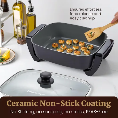 Miniatura 5 de Elite Gourmet EG6203 Extra Deep 16"x13"x3.2" (10.5Qt.) Resistente a los arañazos, boquilla fácil de verter, apta para lavavajillas, sartén eléctrica