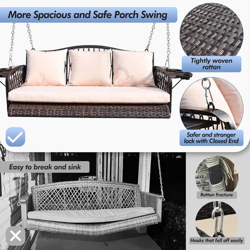 Miniatura 2 de ZZW Columpio de mimbre para porche, resistente, 900 libras, 3 asientos, silla columpio para patio al aire libre con cojines y cadenas de 8.9 pies