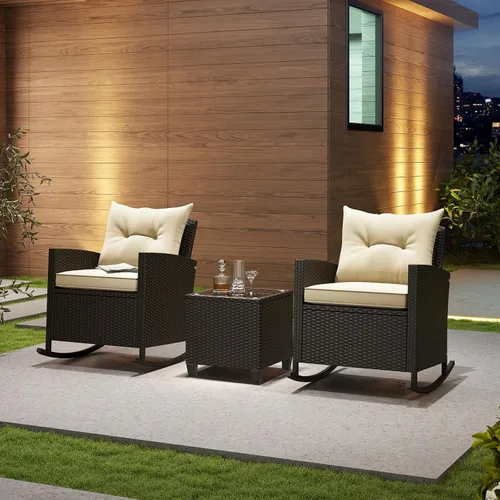 Miniatura 8 de KOTEK Juego de 3 piezas de muebles de patio, mecedoras de mimbre para exteriores y mesa de cristal, juego de conversación de ratán PE para porche