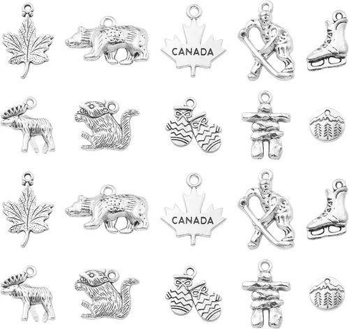 DanLingJewelry 100 dijes temáticos de Canadá de plata antigua, con diseño de hojas de arce, osos, ardilla, hockey, para hacer joyas y manualidades