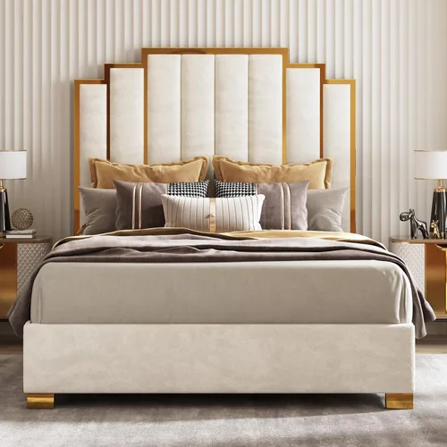 Miniatura 13 de AMERLIFE Cama tapizada tamaño Queen, marco de cama de terciopelo moderno con cabecera de ribete dorado de 61.4 pulgadas de alto, no necesita somier