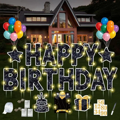Letrero de feliz cumpleaños con estacas, 18 piezas de letrero negro de feliz cumpleaños con luz LED de 49.2 pies, letrero grande personalizado de