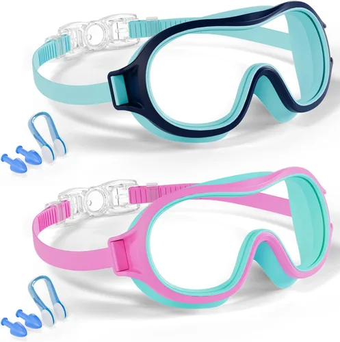Miniatura 11 de Aegend Paquete de 2 gafas de natación para niños de 3 a 15 años, antivaho, anti-UV, visión amplia, impermeables, sin fugas, para niños y niñas Azul