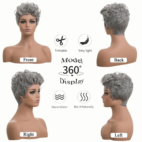 Miniatura 3 de DOcute Peluca gris para personas negras, corte pixie con flequillo, peluca rizada corta para mujeres negras, peluca rizada esponjosa para mujeres