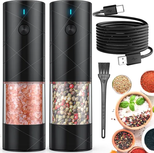 Lidaop - Juego de 2 molinillos eléctricos de sal y pimienta recargable por USB con luz LED cálida, grosor ajustable, gran capacidad, molinillo