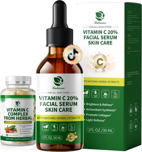 Suero de vitamina C para cara, suero facial 20% iluminador con hialuronato de sodio para manchas oscuras y líneas finas, apoya el colágeno y la