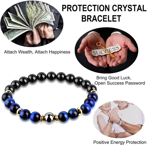 Miniatura 3 de Pulsera de triple protección de buena suerte, para hombres y mujeres, ojo de tigre azul, obsidiana negra, hematita, riqueza, prosperidad, felicidad
