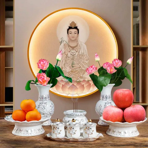 Miniatura 5 de Houlu Juego de 3 tazas de altar, taza de cerámica para ofrenda de agua bendita, taza de adoración budista tibetana (blanco)