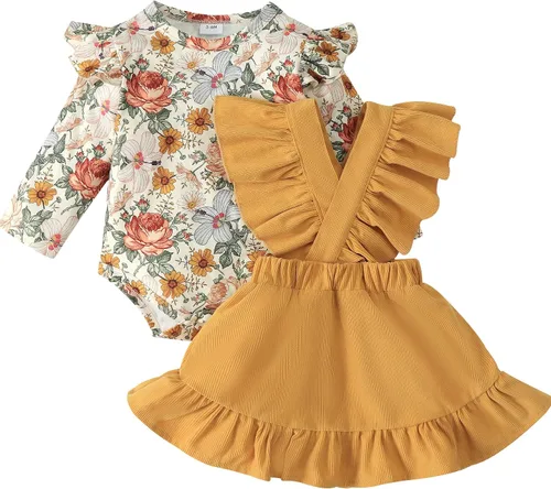 ATEUNO Newborn Baby Girl Clothes Long Sleeve Floral Romper Tops Ruffle Suspender Skirt Set Infant Overall Dress Fall Outfits