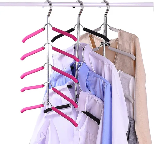 Miniatura 5 de Paquete de 3 perchas 5 en 1 para blusas y árboles, perchas para ahorrar espacio, con brazo oscilante, antideslizantes, acolchadas, colgador de ropa