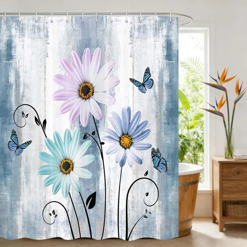 Miniatura 30 de JAWO Cortina de ducha con diseño floral de margaritas azules, cortina de ducha rústica de granja y mariposa en el campo, juego de cortinas de ducha