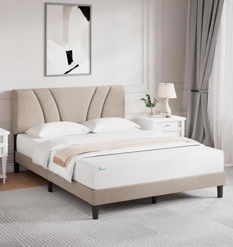 Miniatura 14 de Novilla Base de cama tamaño King con cabecera ajustable, marco de cama King, cabecera tapizada de tela de lino, no necesita somier, sin ruido, Beige