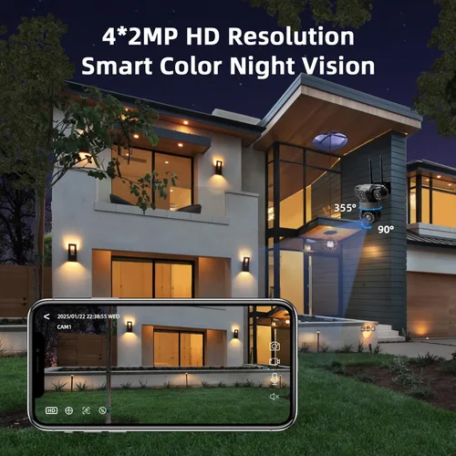 Miniatura 4 de Cámara de seguridad inalámbrica de 4 lentes al aire libre, imagen HD 2K PTZ 360° de vigilancia, visión nocturna a color, conexión WiFi, detección