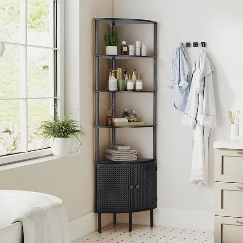 Miniatura 2 de Estante esquinero de 66.92 pulgadas de alto de 4 niveles, armario de baño esquinero con puertas de ratán de metal, estante de almacenamiento