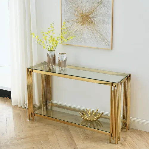 Miniatura 15 de Mesa consola moderna de cristal, mesa de sofá dorada de 55 pulgadas con marco de metal resistente y parte superior de vidrio templado negro