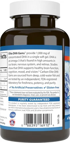 Miniatura 3 de Carlson - Gemas Elite DHA, 1000 mg de DHA, capturadas en la naturaleza, de origen sostenible, función cerebral y visión saludable, 60 cápsulas