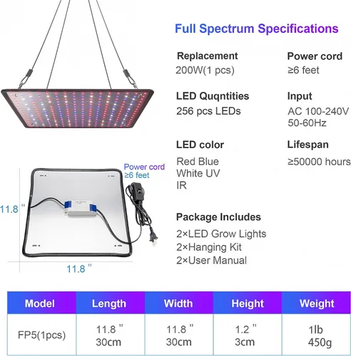 Miniatura 5 de Paquete de 2 paneles LED de luz de crecimiento de 200 W para plantas de interior, espectro completo con LED UV IR blanco, azul, rojo, para cobertura