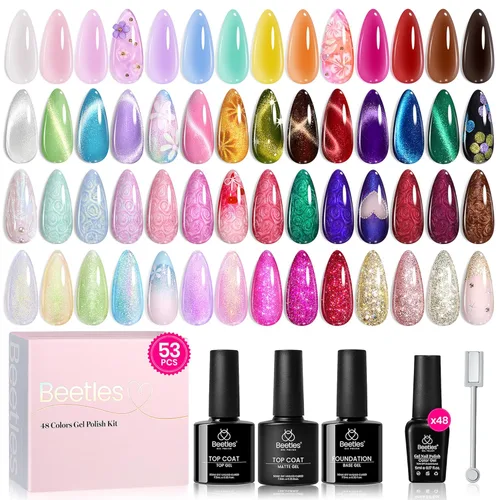 Miniatura 22 de Beetles - Set de 20 esmaltes de gel p/decoración de uñas, colección Fall Yard, purpurina naranja/marrón/rojo/azul marino, semipermanente, LED c/capa