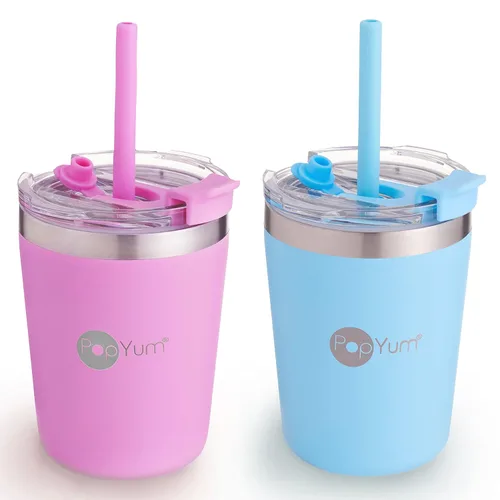 Miniatura 15 de PopYum - Vasos de acero inoxidable para niños, 9 onzas, morado, rosa, paquete de 2 Aislado, aspiradora de doble pared, tapa y pajilla, apilable, a