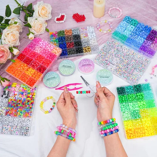 Miniatura 3 de Kit de 4500 cuentas de poni, 6 cajas con 1600 cuentas de letras, pulseras de la amistad, cuentas Kandi Rave para hacer joyas, llavero trenzado