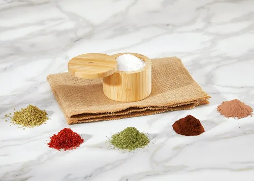 Miniatura 6 de RoyalHouse Soporte para sal y pimienta de bambú natural de 6 onzas con tapa de bambú, bodega de sal con tapa giratoria magnética, caja