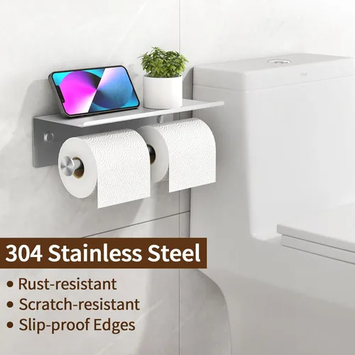 Miniatura 6 de YUMORE Soporte de papel higiénico, soporte de papel higiénico de acero inoxidable 304 para baño, doble rollo de papel higiénico con estante, Acabado