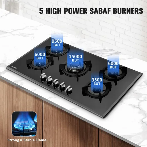 Miniatura 2 de Placa de gas de 36 pulgadas, estufa de gas de vidrio templado integrada, 5 quemadores de alta eficiencia, estufa de gas convertible de propano/gas