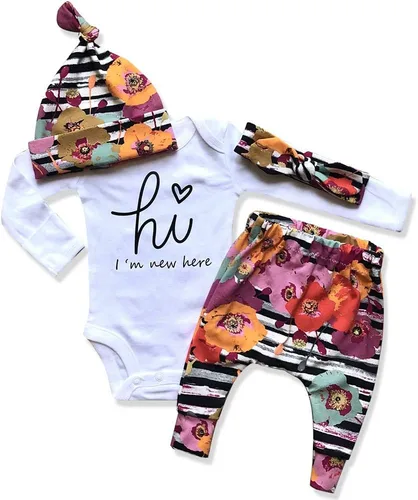 KANGKANG Ropa de bebé recién nacida Hi I'm New Here, traje para recién nacido, mameluco para bebé, pantalones florales, lindos trajes de bebé niña,