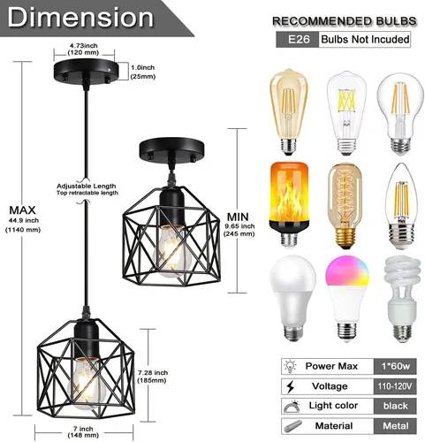 Miniatura 6 de Lámpara colgante vintage de 1 luz, lámpara de techo colgante con jaula de metal para cocina, isla, comedor, restaurante, pasillo, hotel, bar