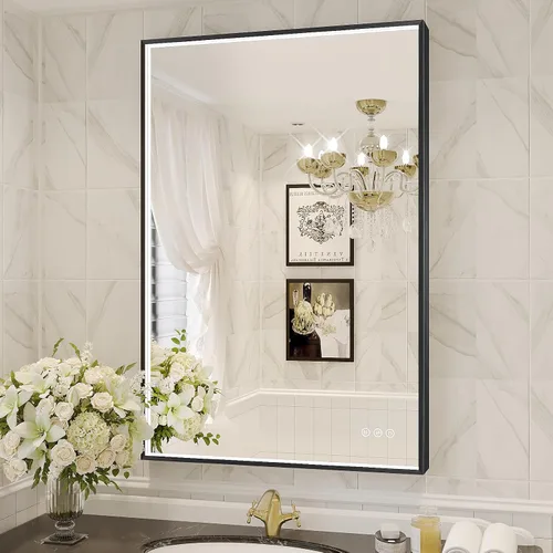 Miniatura 46 de Espejo de baño LED de 24x32 pulgadas con luces, espejo LED con marco de metal negro para baño, 3 colores y luz regulable sin escalones montada